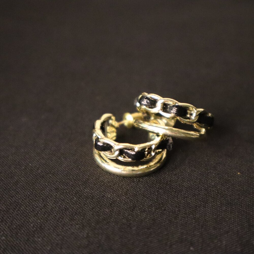 Gold & Black Chain Detail Huggie Hoop Earrings - Picture 3 of 3